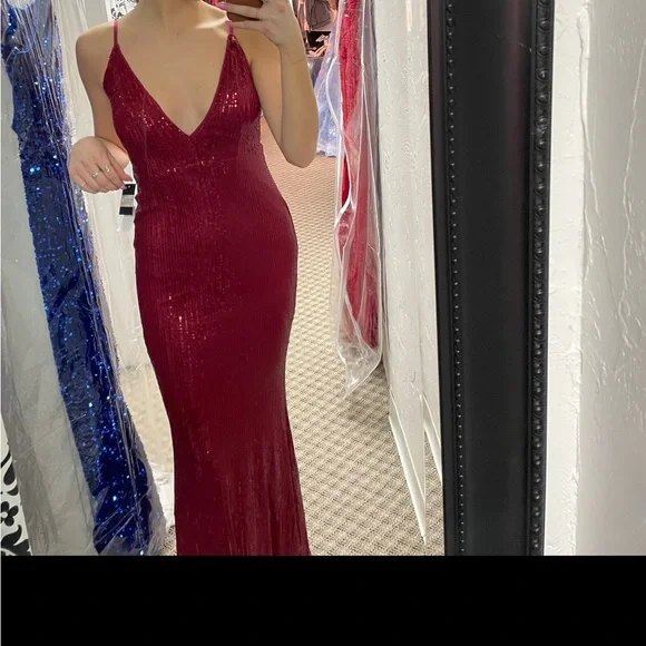 strapless open back dress Long Sleeves Sheath Lace Prom Dress Red Wedding Dress with Chapel Trai –  SheerGirl main image 1